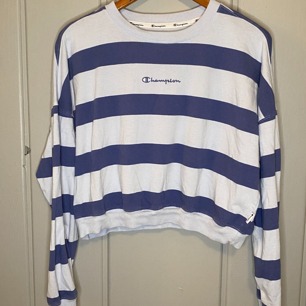 Champion Women's Cotton Striped Oversized Cropped Crewneck Sweatshirt